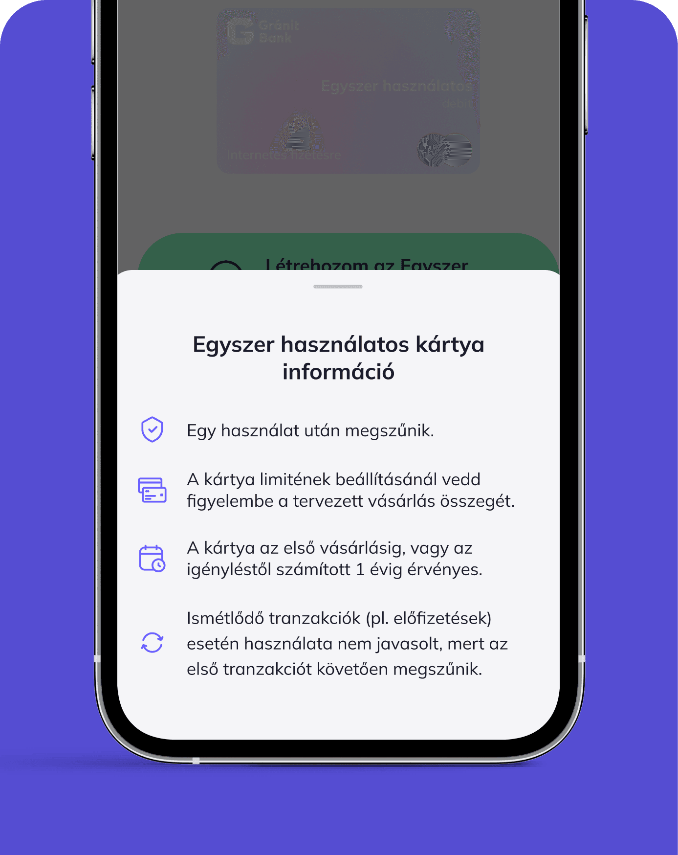 Mobil applikáció, azon belül egy nagy zöld, egyszerhasználot kártyát létrehozó gomb.