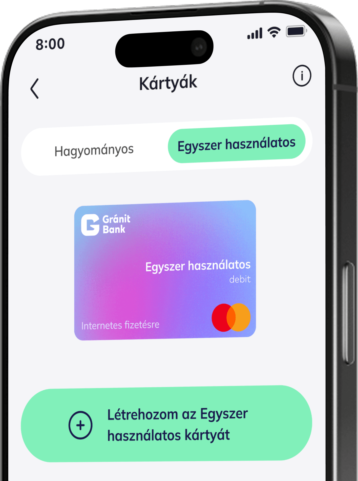 Gránit Bank egyszer használatos internetes fizetési debitkártya képe egy mobilalkalmazás képernyőjén.