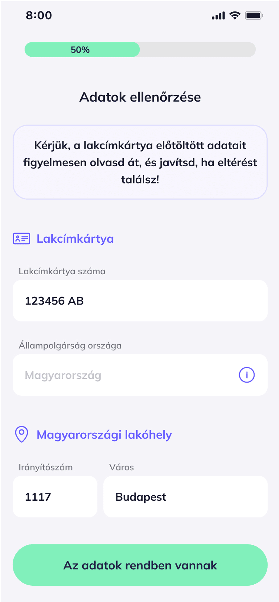 Személyes adatok megadása